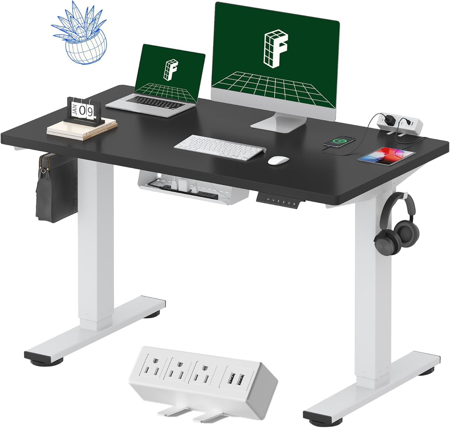 FLEXISPOT EN2 Whole-Piece Standing Desk with Clamp Power Strip, 48 x 24 Electric Stand Up Height Adjustable Desk with Cable Management (White Frame + 48" Black Top, 2 Packages)