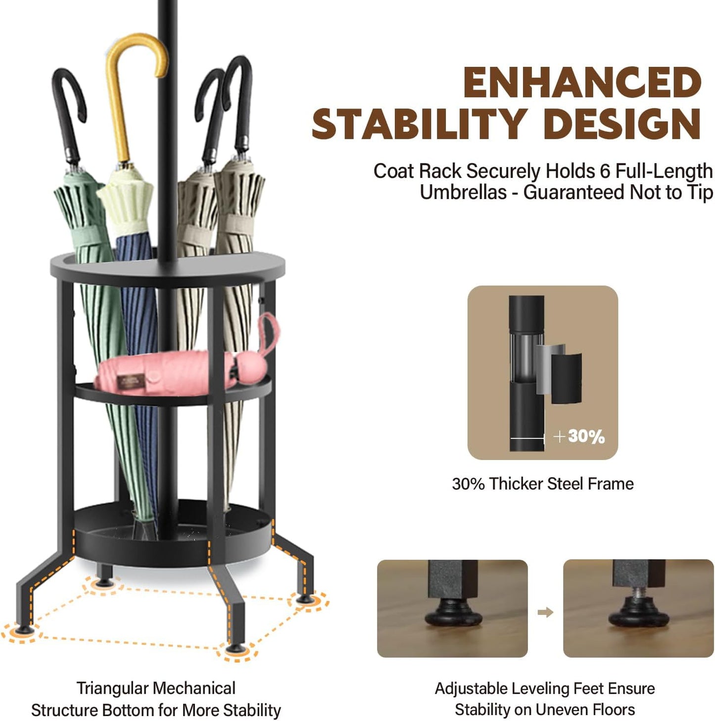 Coat Rack Freestanding, Coat Stand with Umbrella Holder, Metal Coat Tree with 12 Hooks, Coat Hanger Stand for Entryway, Coat Rack Stand for Bedroom, Living Room & Office