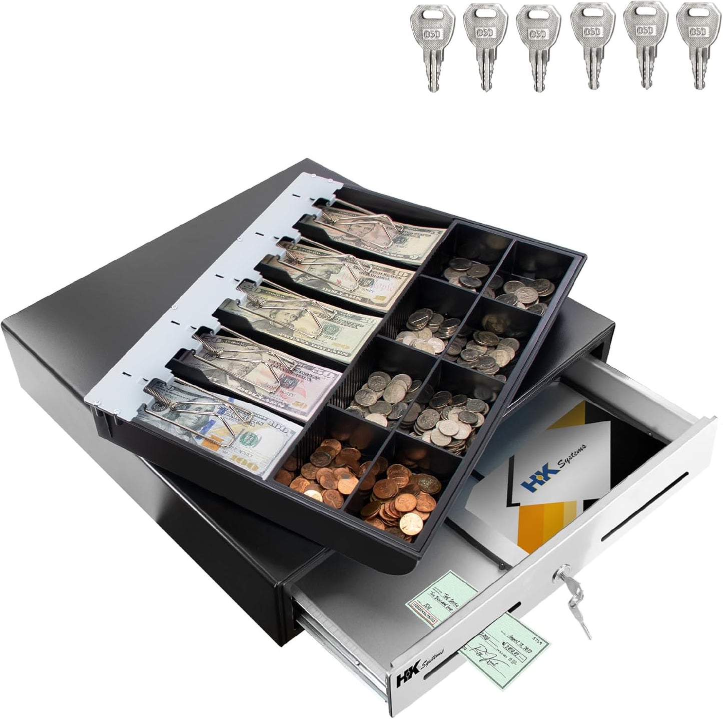 HK SYSTEMS 18inch Heavy Duty Black POS Cash Drawer with 5Bill/8Coin "Stainless Steel" Front, Ball Bearing Slides
