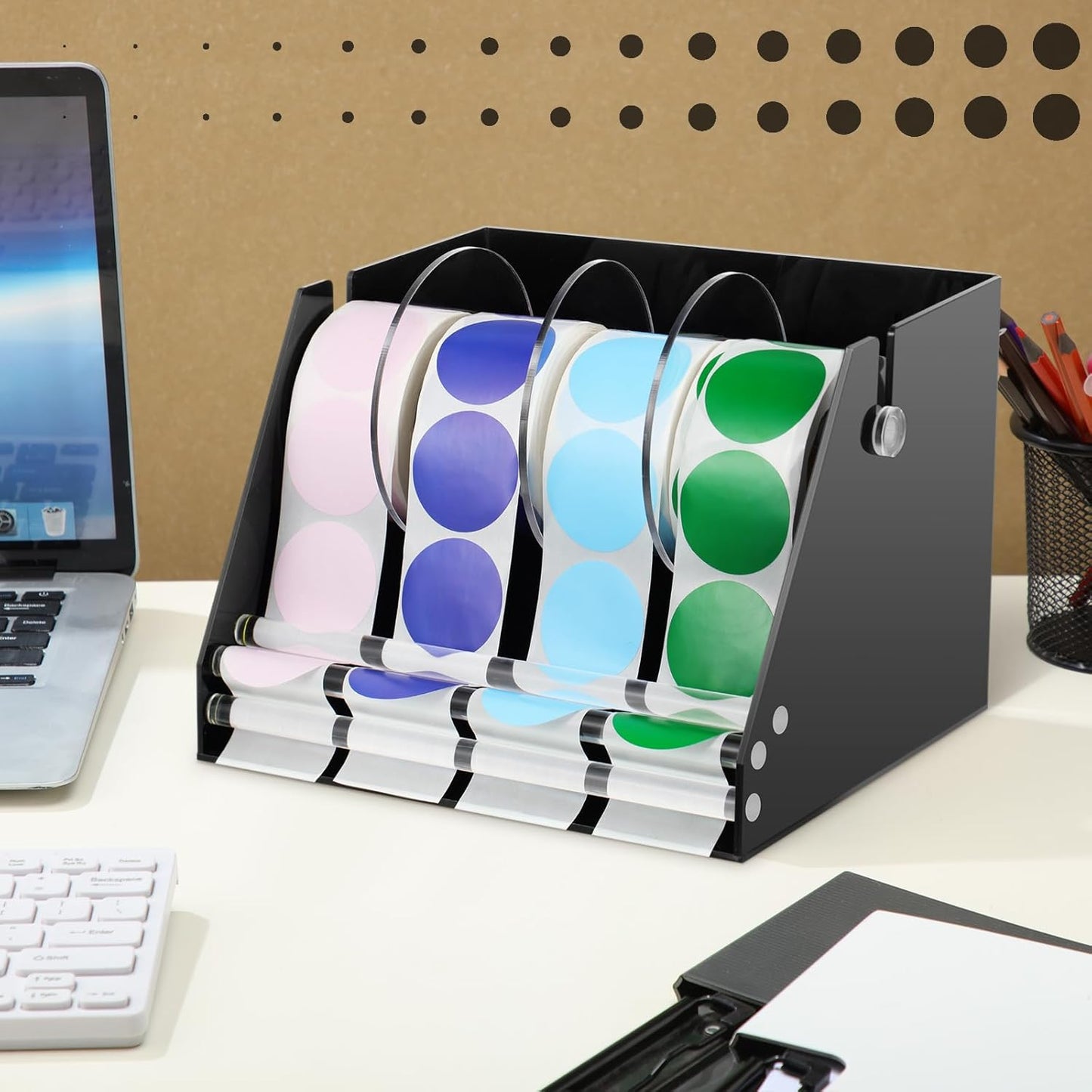 Adjustable Label Dispenser Acrylic Sticker Roll Dispenser Label Roll Holder Multi Use Sticker Holder Organizer Stand for School Gifts and Home Office Desktop(4 Disks)