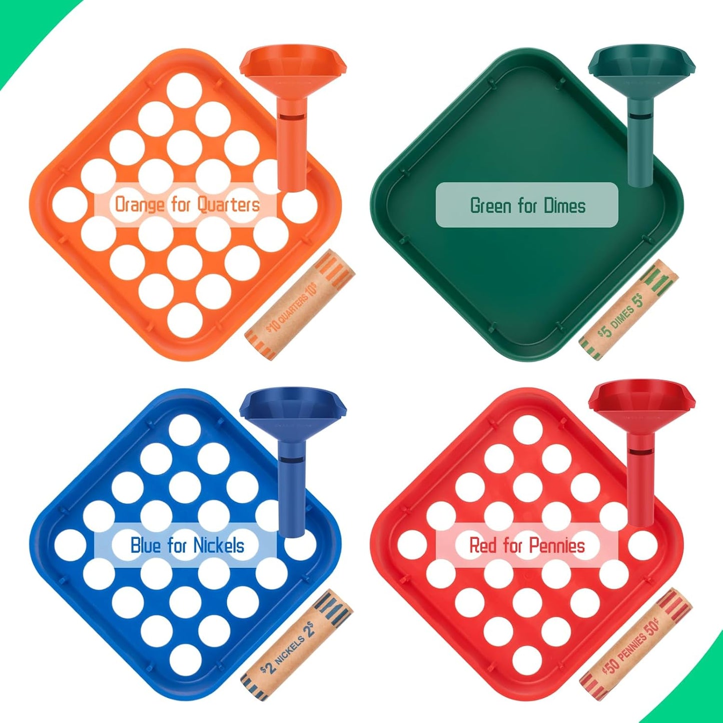 Coin Sorter Tube & Coin Sorter Tray - 4 Color Coded Coin Separator Trays and Coin Sorters Tubes Bundle with 72 PCS Preformed Coin Wrappers