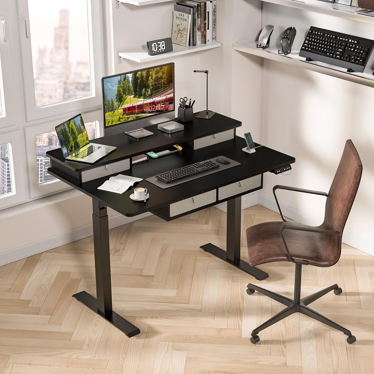 Standing Desk with Fast Charging USB Ports, 48" x 30" Height Adjustable Home Office & Gaming Desk, Sit Stand Desk with Built-in Storage Shelf, Hook & Ergonomic Design(Classic Black)