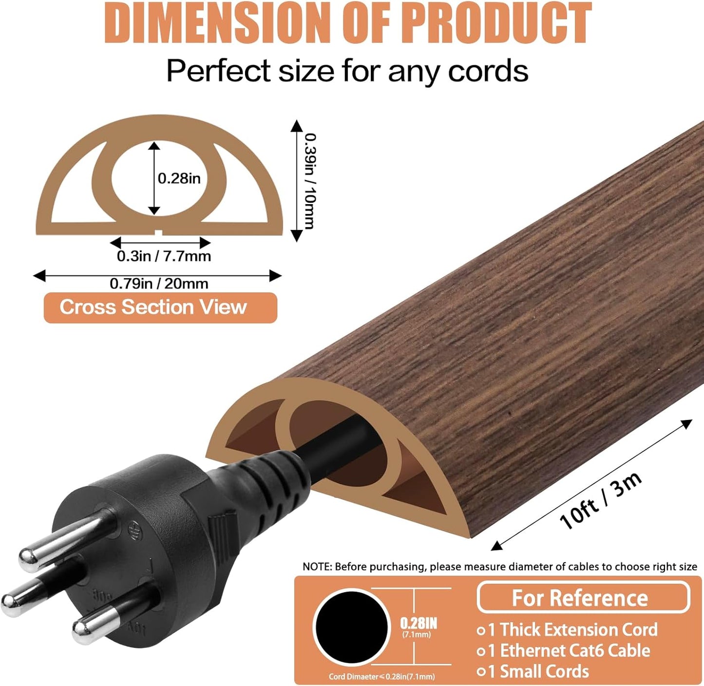Floor Cord Cover Cable Cavity Self Adhesive Cord Hider Floor 10FT Floor Cable Management Power Cord Protector Floor Electric Cord Covers for Offices, Gym, Exhibitions (Misty Brown Wood, 0.78" x 10')