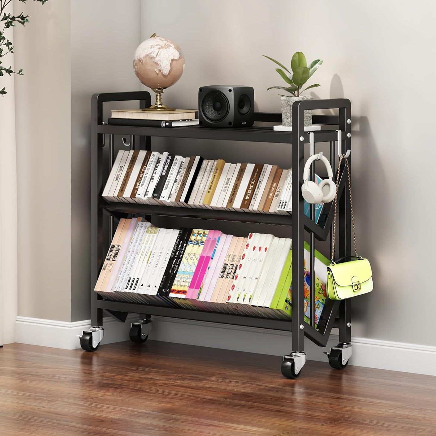 Bookshelf Movable Book Cart Multi-Layer Storage Rack Large-Capacity Rolling Cart L-Shaped Carbon Steel Shelf Suitable for Storing Books, Magazines, Newspapers, Shoes