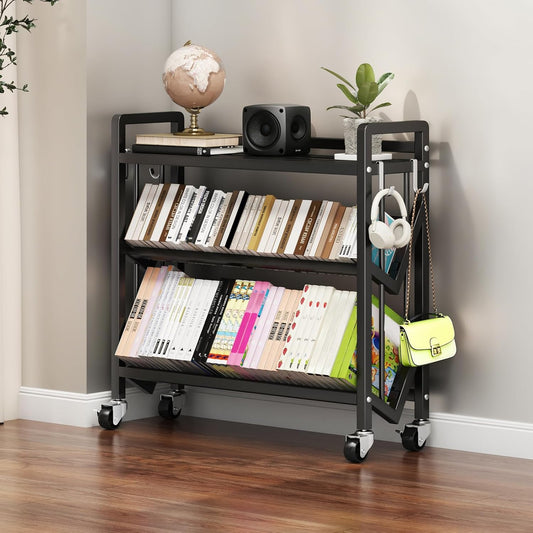 Bookshelf Movable Book Cart Multi-Layer Storage Rack Large-Capacity Rolling Cart L-Shaped Carbon Steel Shelf Suitable for Storing Books, Magazines, Newspapers, Shoes