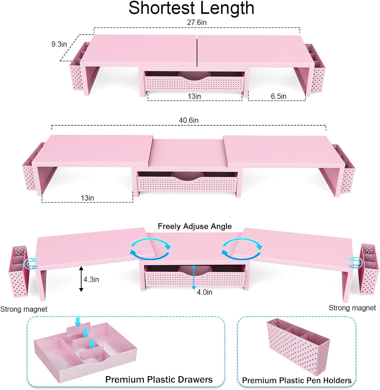 gianotter Dual Monitor Stand Riser, Desk Organizer With Drawer and 2 Pen Holders,Desk Organizers and Accessories, Pink Office Supplies (Pink)