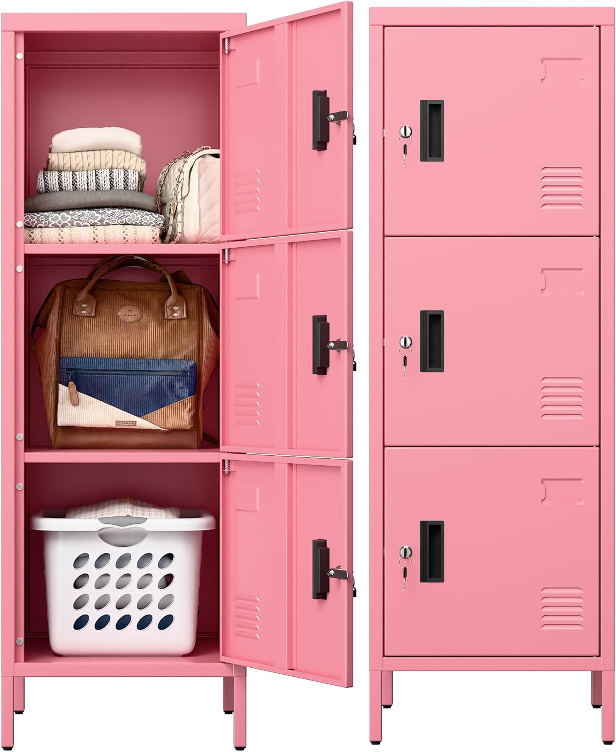 Aobabo 16" W 3 Door Metal Storage Locker with Lock, 47" H Steel Locker with Name Card Holder and Metal Leg for School, Home, Office, Playroom, Assembly Required, Pink