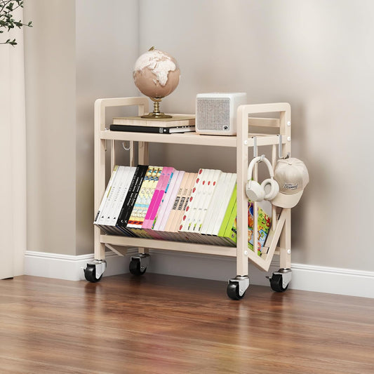 Bookshelf Movable Book Cart Multi-Layer Storage Rack Large-Capacity Rolling Cart L-Shaped Carbon Steel Shelf Suitable for Storing Books, Magazines, Newspapers, Shoes