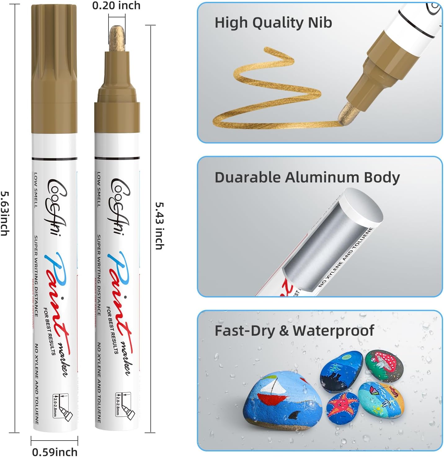 Paint Markers Paint Pens, Set of 2 Gold Oil Based Permanent Markers for Rock Painting, Metal,Glass,Ceramic,Wood,Canvas DIY Crafts Art Project (Gold,2 Pack)