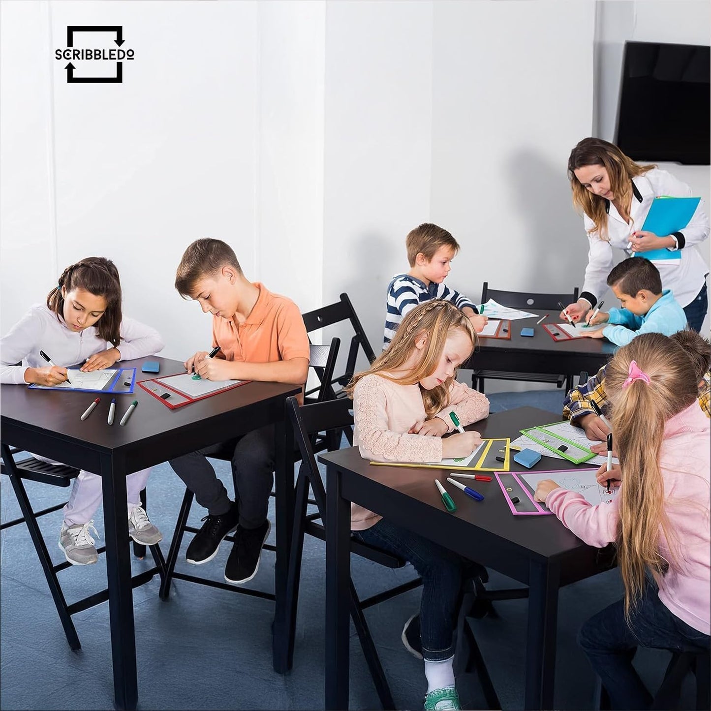 SCRIBBLEDO Dry Erase Pockets Reusable Dry Erase Sleeves with Marker Holder Colorful Dry Erase Pocket Sleeves for School Classroom or Work Ticket Holders Assorted Colors 50 Pack