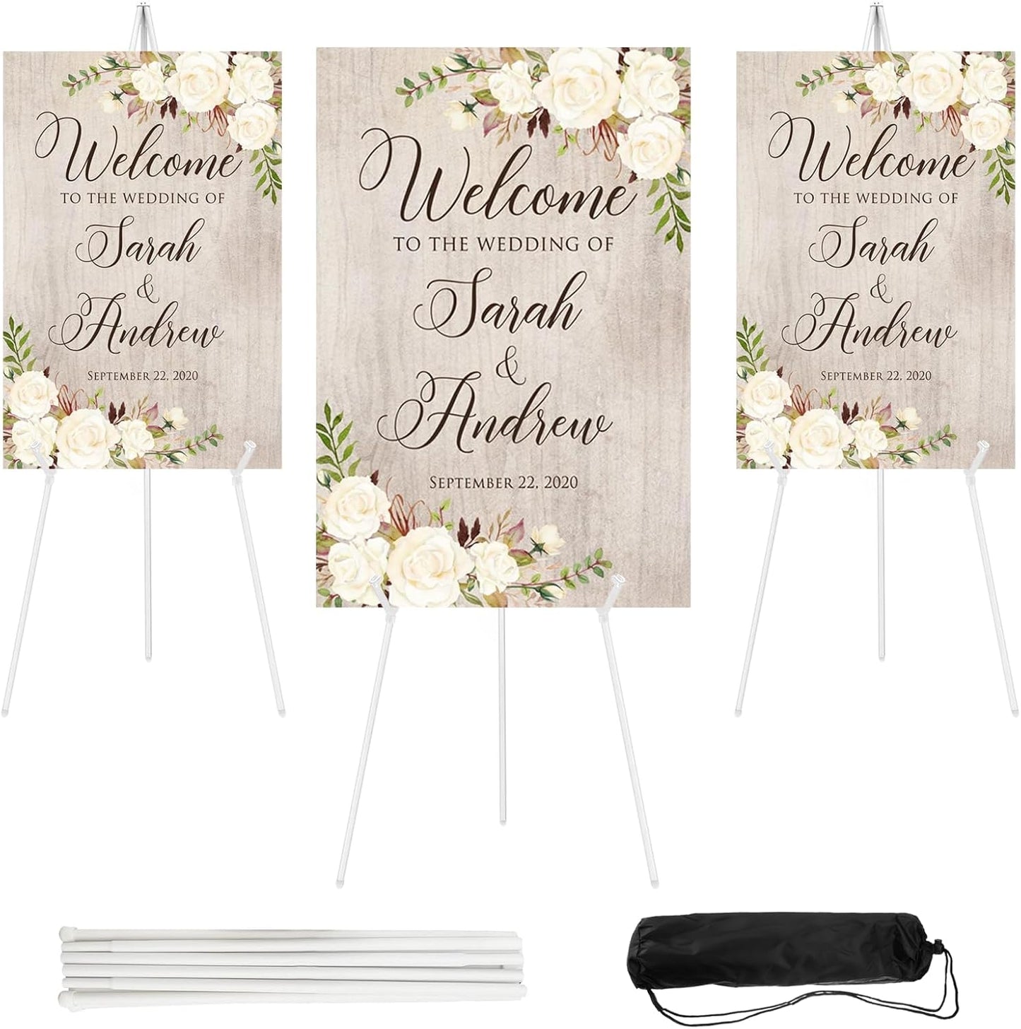 3PCS White Easel Stand for Wedding Sign Stand, 66 Inch Lightweight Adjustable Art Poster Board Stand for Display Wedding Welcome Sign, Metal Easel Stand for Painting with Portable Bag