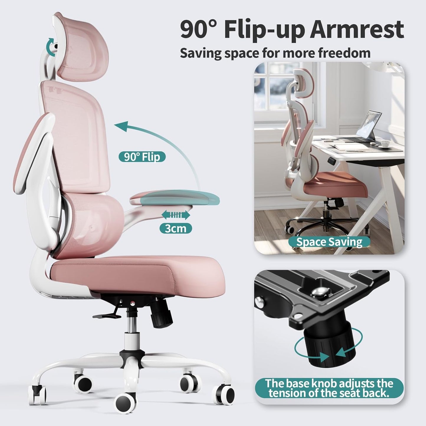 TRALT Office Chair Ergonomic Desk Chair, 330 LBS Home Mesh Office Desk Chairs with Wheels, Comfortable Gaming Chair, High Back Office Chair for Long Hours (Pink)