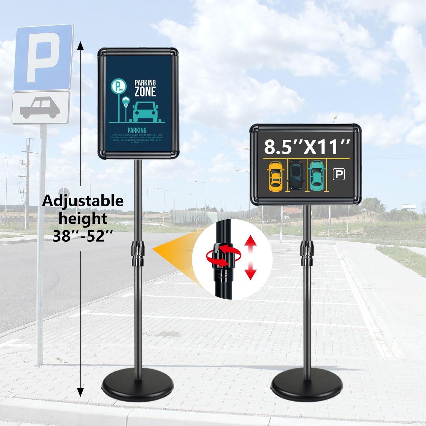 Sign Holder - 6 Packs Adjustable Standing Sign Stand Holder, Pedestal Floor Poster Stand 8.5x11 inch, Snap Frame for Vertical and Horizontal View, Sign Display Stand for Business Mall, Black