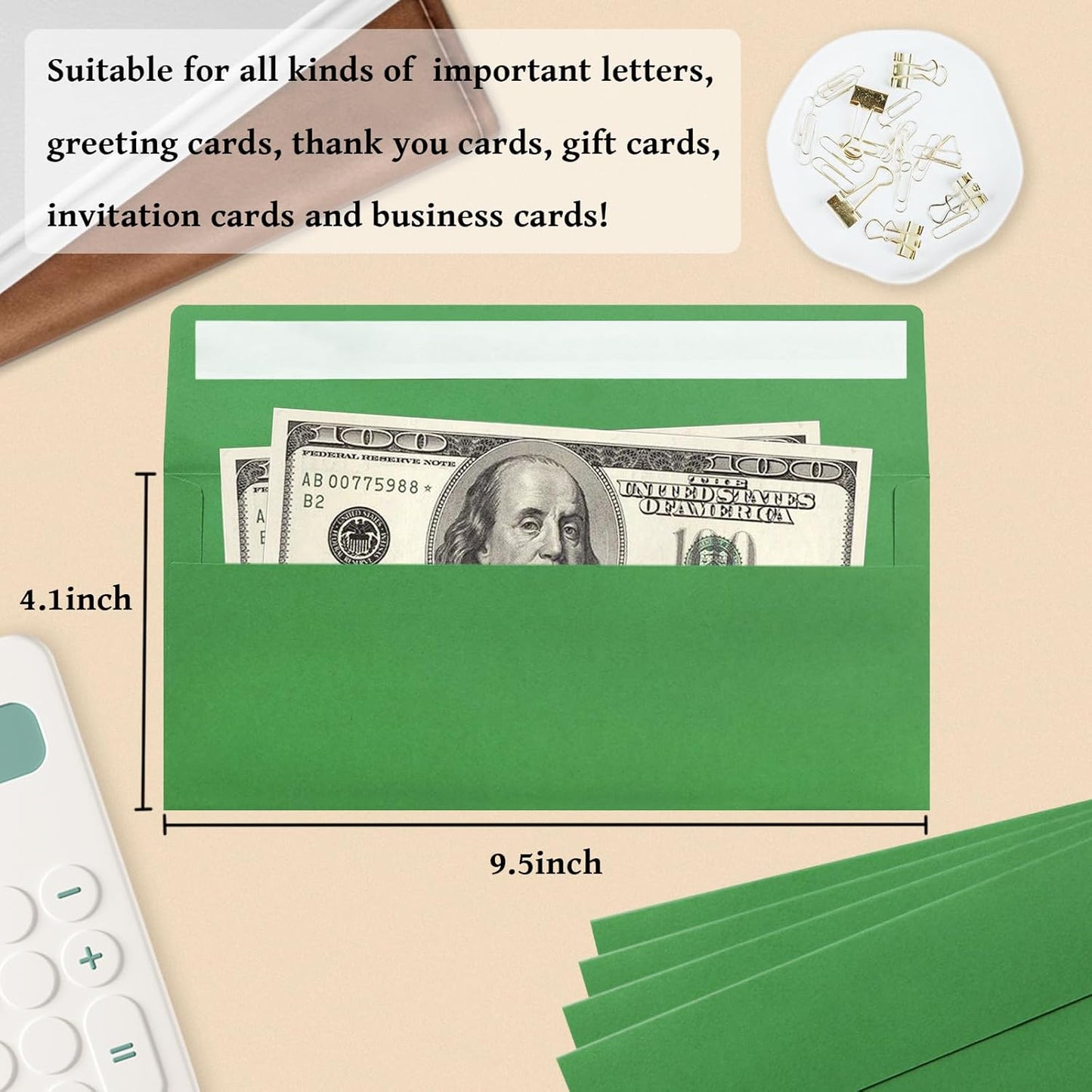 100 Pack #10 Business Envelopes, Green Standard Envelopes Self Seal, Letter Size Mailing Envelopes for Checks Letters Invoices Statements Birthday Graduation Wedding, 4 1/8 x 9 1/2 Inch