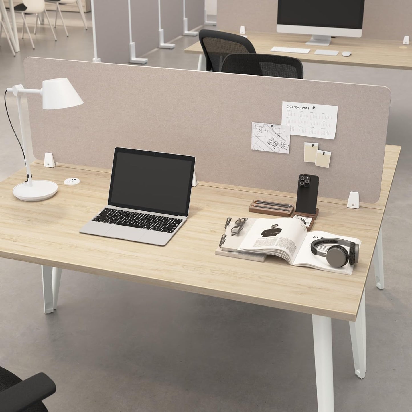 Bush Business Furniture 58W Desktop Privacy Screen in Warm Beige, Desk Mounted Office Partition with Acoustic Sound Dampening Panel