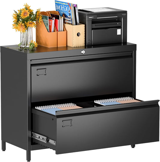 Lateral File Cabinet with 2 Drawers, Metal Wide Lateral Filing Cabinet with Lock for Hanging Files Letter/Legal/F4/A4 Size for Home Office School, 2 Drawer, Assembly Required, Black