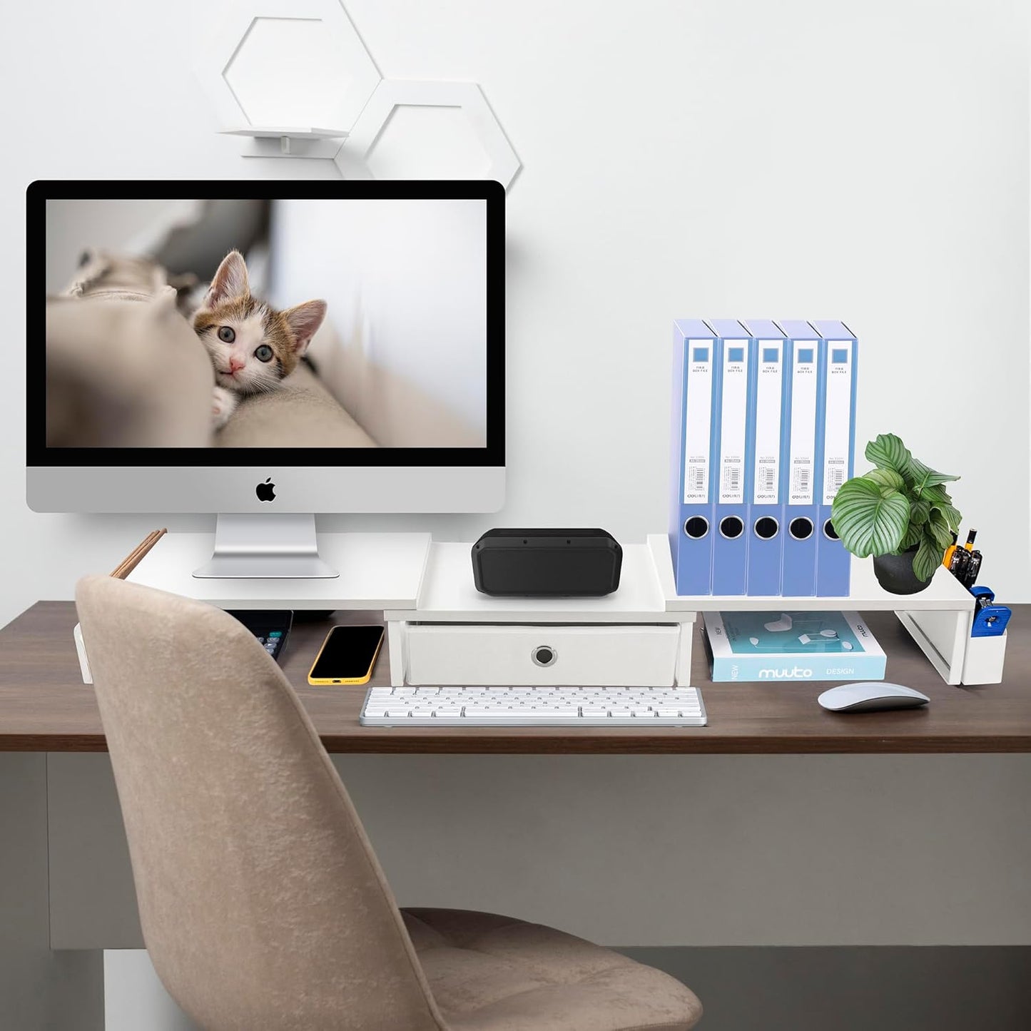 Dual Monitor Stand Riser w/ Drawer & Metal Leg, Large White Computer Monitor Riser w/ Storage For 2 Screens, Desk Shelf w/ Adjustable Length & Angle, Desktop Organizer