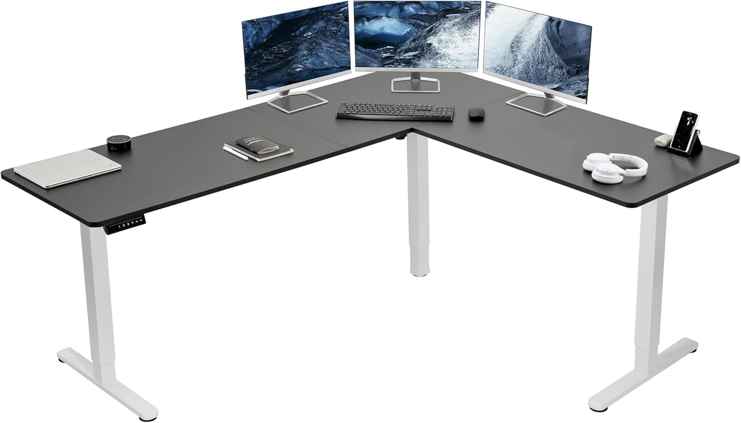 VIVO Electric Corner L-Shaped 75 x 63 in Standing Desk, Memory Height Adjustment, Black Top White Frame, DESK-E3CTWB-75