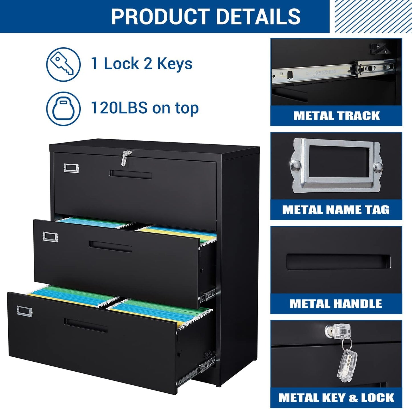 Lateral File Cabinet with Lock, 3 Drawer Large Metal Filing Cabinet,Home Office Lockable Storage Cabinet for Hanging Files Letter/Legal/F4/A4 Size-Assembly Required