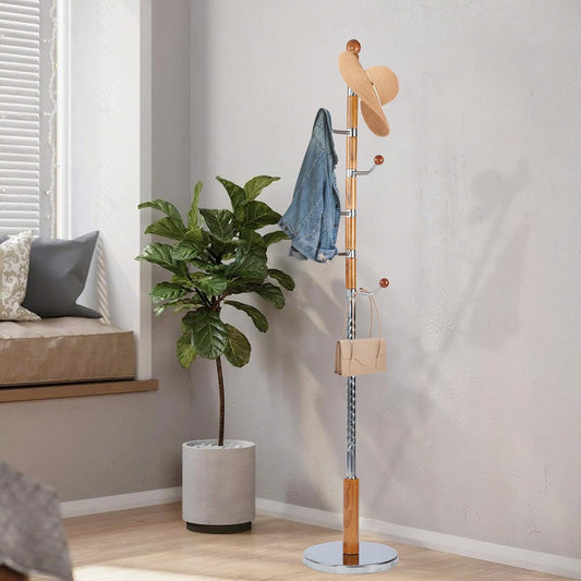 Wooden Coat Rack Freestanding with Resin Hooks, Adjustable Heavy Duty Stand for Hanging Coats, Bags, Hats, and Umbrellas in Living Room, Bedroom, Entryway (Walnut color-metal)