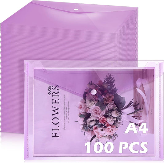 100 Pcs Clear Envelopes with Snap Button Closure Bulk A4 Letter Size Clear Plastic Envelope Folder Document Organizer File Folders for Office Home (Purple)