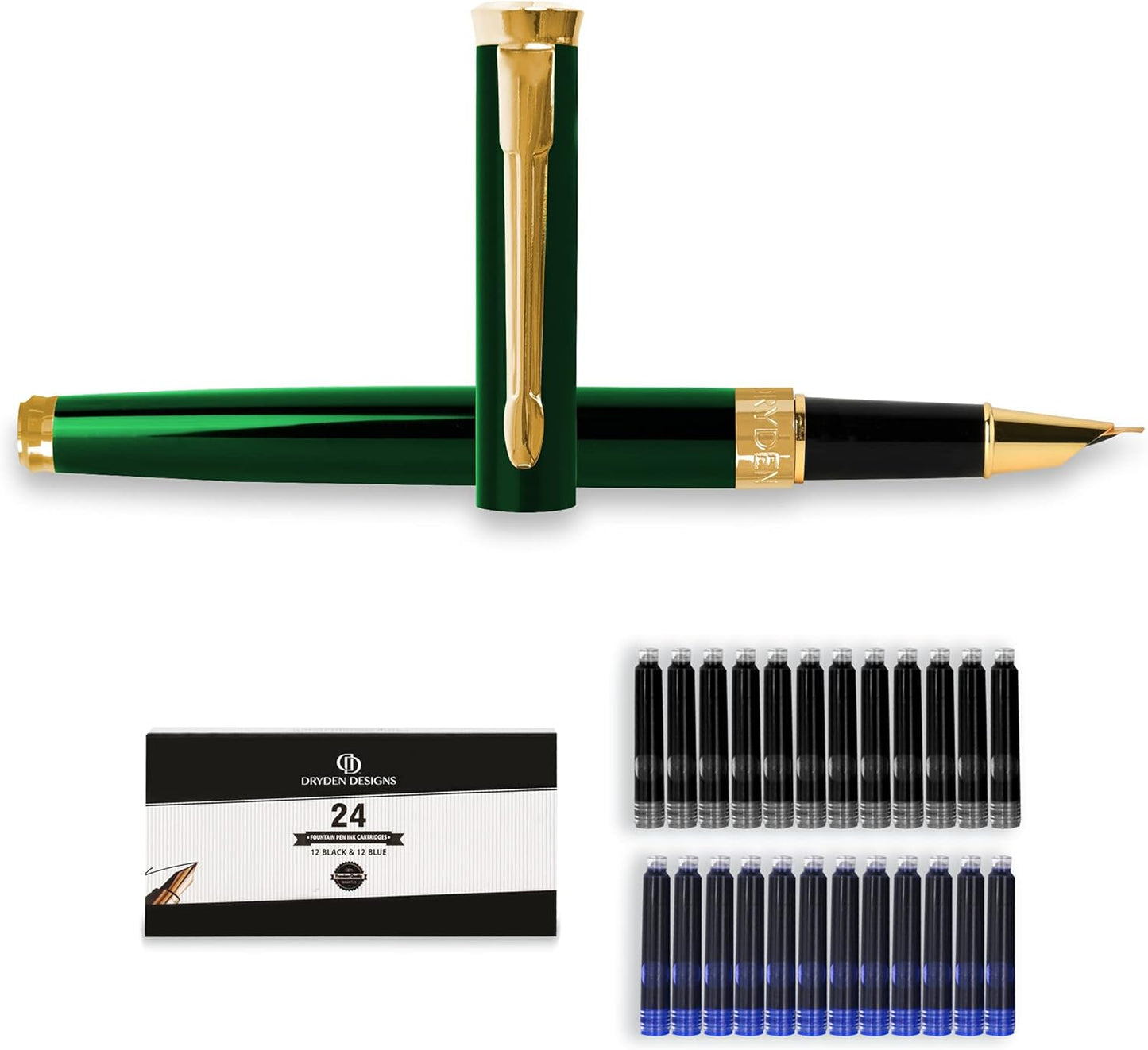 Dryden Designs Fine Nib Fountain Pen - Includes 24 Ink Cartridges - 12 Black and 12 Blue - Emerald Green - Smooth Elegant Writing with Fine Nib and Ink Converters