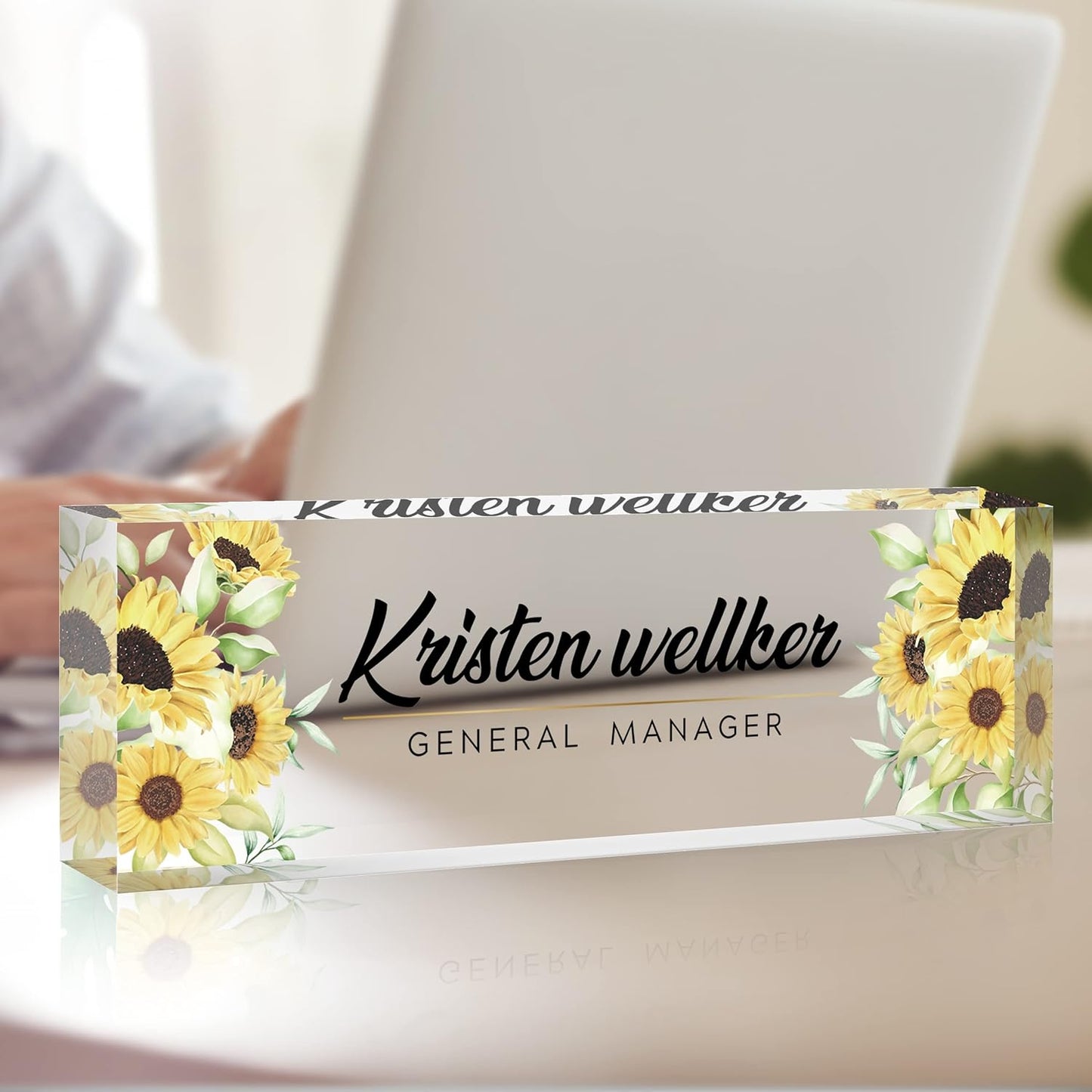 Desk Name Plate Personalized, Premium Sunflower Acrylic Desk Name Plate, Personalized Name Plate for Desk, Office Decor for Women or Men Coworkers, Boss, Employee, Teacher(Sunflower2)
