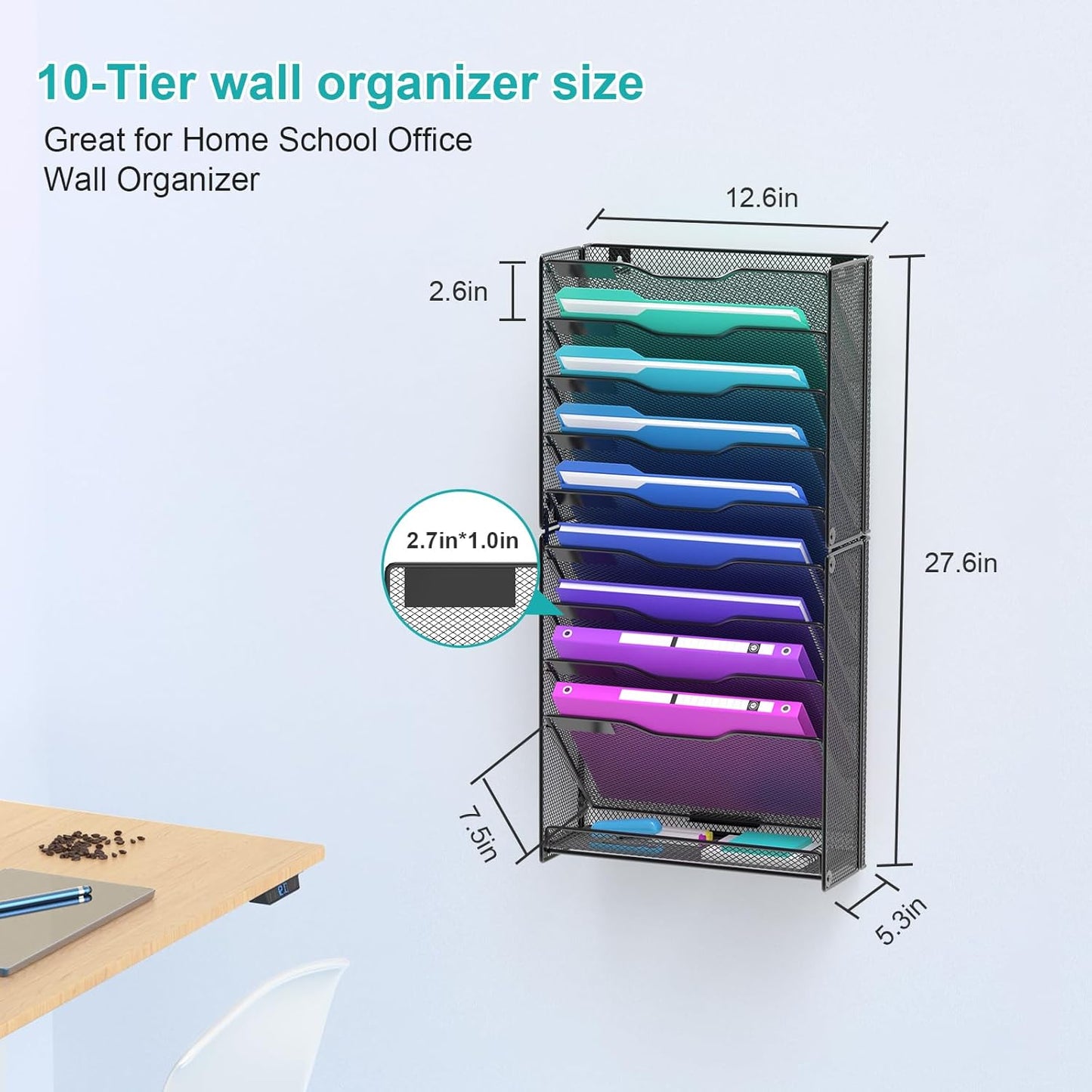 10 Tier Hanging Wall File Organizer, Wall File Holder Organizer Mounted Letter Mail Magazine File Rack With Flat Tray For Office Home School, Black