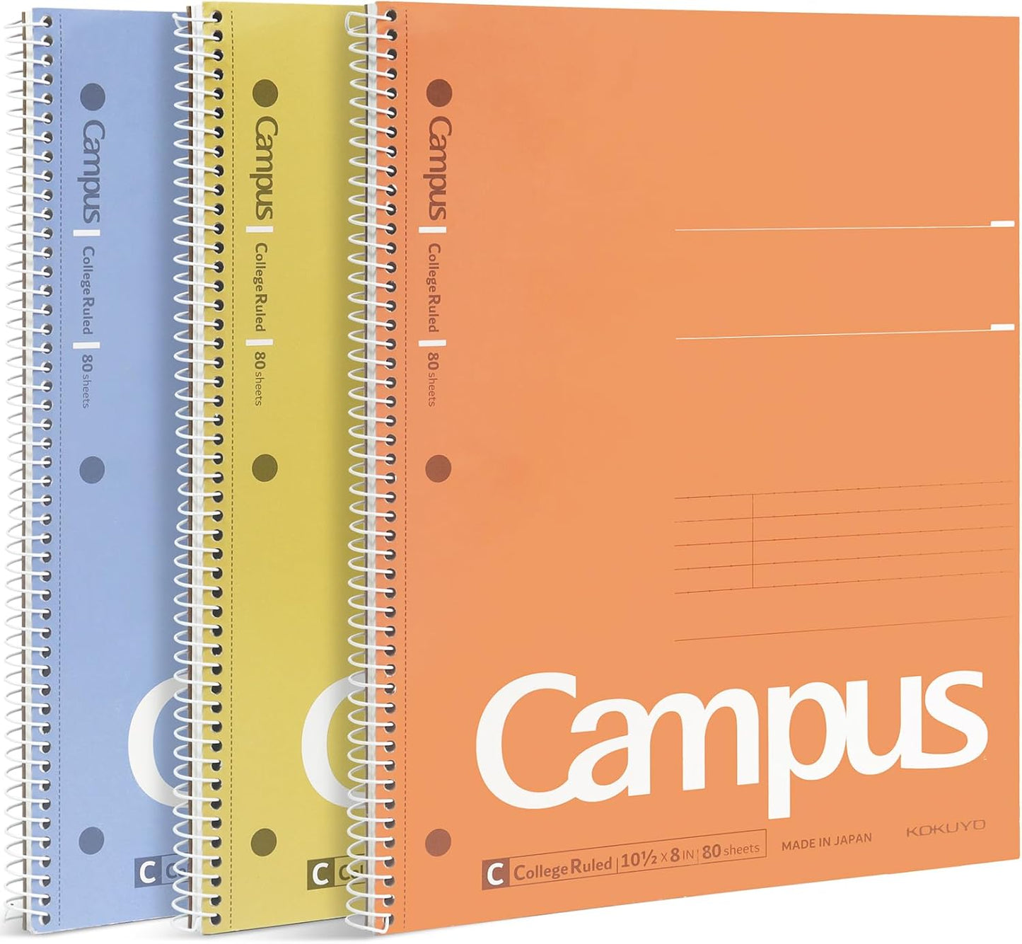 KOKUYO Spiral Notebook, 3 Pack Campus 10-1/2" x 8" Subject Notebooks with College Ruled, 80 Sheets, 3 Holes School Spiral Journal for Work Study Note Taking (Yellow, Orange, Purple)
