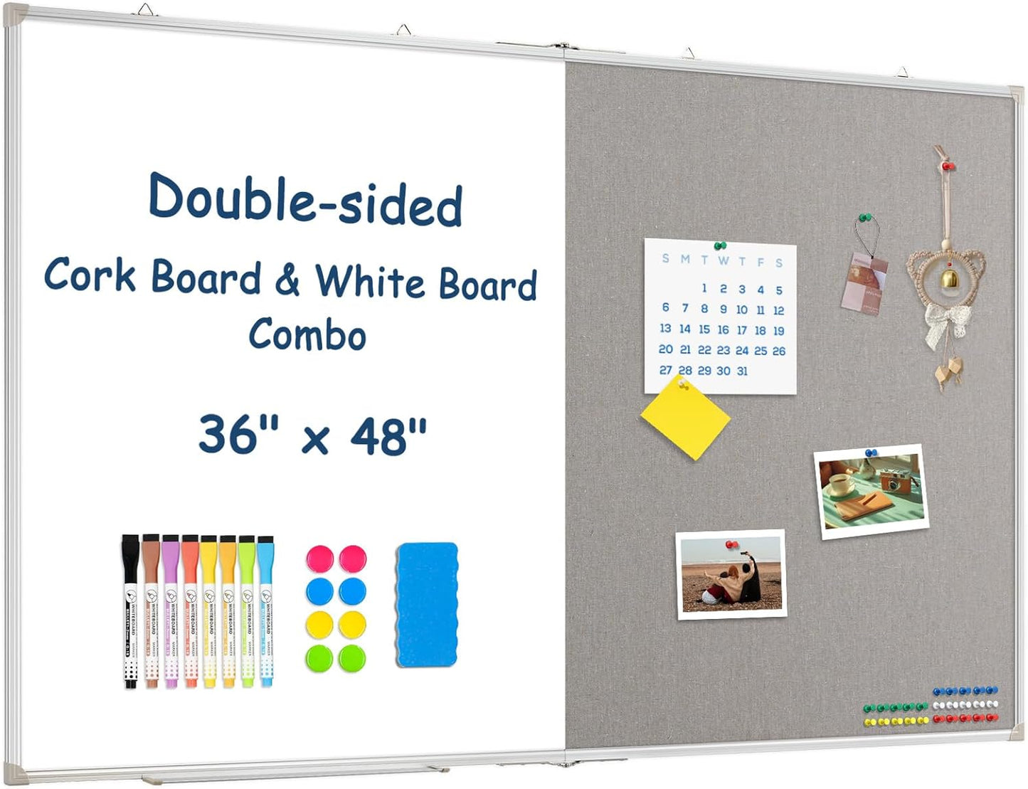 Large White Board Dry Erase Foldable Bulletin Board Combo, 48" x 36" Double Sided Dry Erase Board for Wall, Magnetic Whiteboard Bulletin Board with Linen for Office, Home, School, Kitchen -Gray