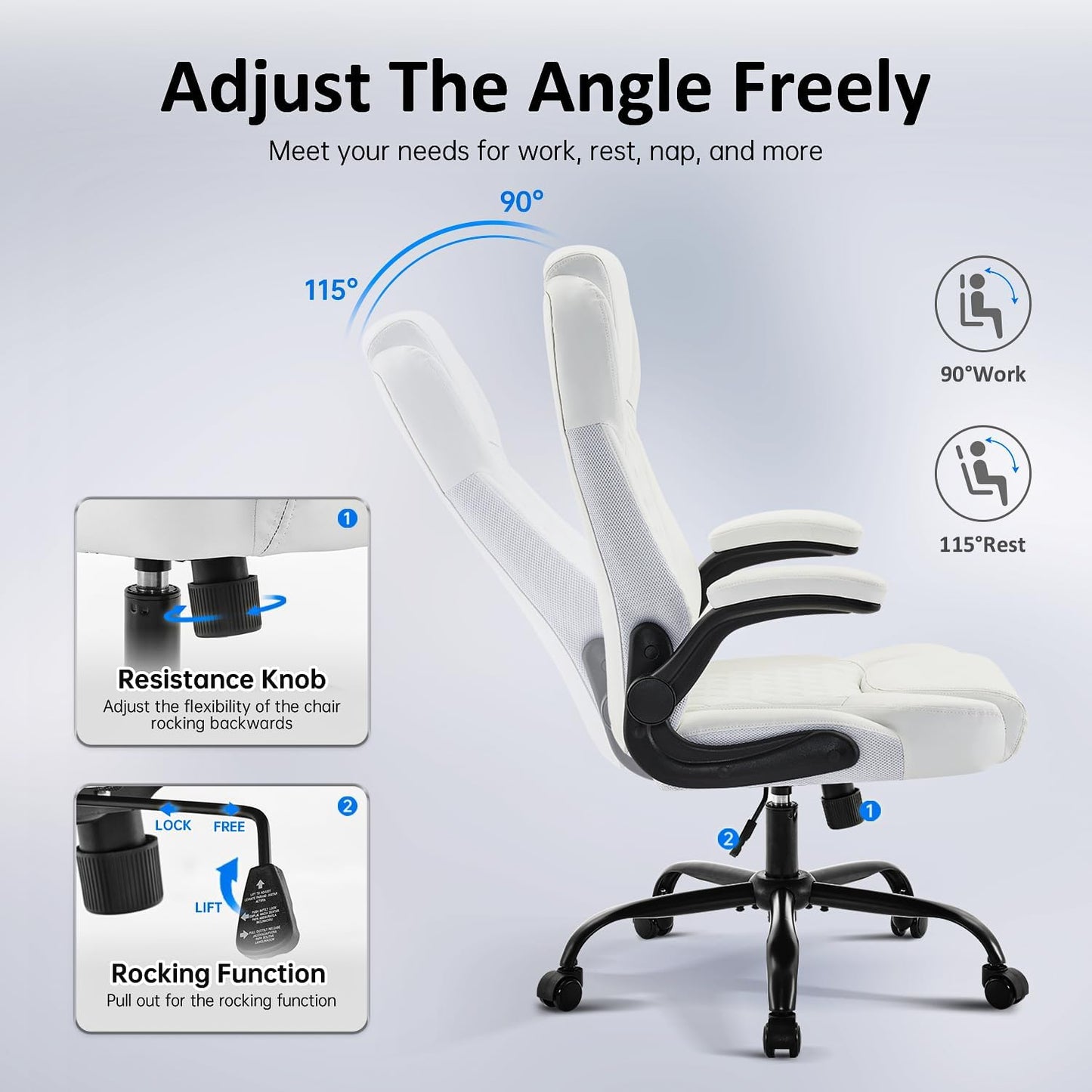 Office Chair, Executive Leather Chair Home Office Desk Chairs, Ergonomic Computer Desk Chair with Adjustable Flip-Up Arms, Lumbar Support Swivel Task Chair with Rocking Function (White)