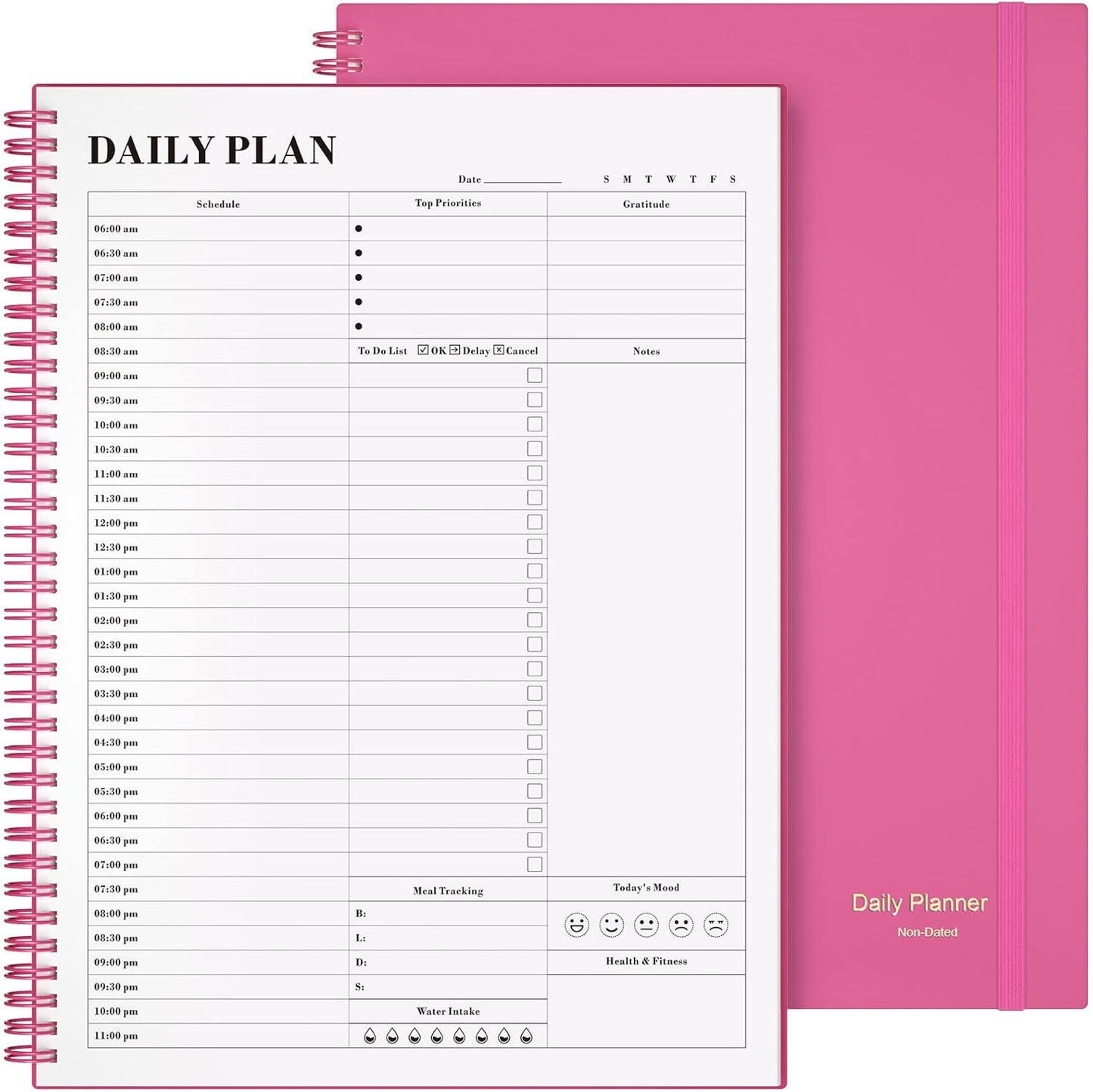 Planner Undated, Asten Daily Planner Agenda with to Do List, Hourly Schedules for Women and Men, Spiral Appointment Book with Elastic Closure, Inner Pocket 8.5" x 11" (Pink)