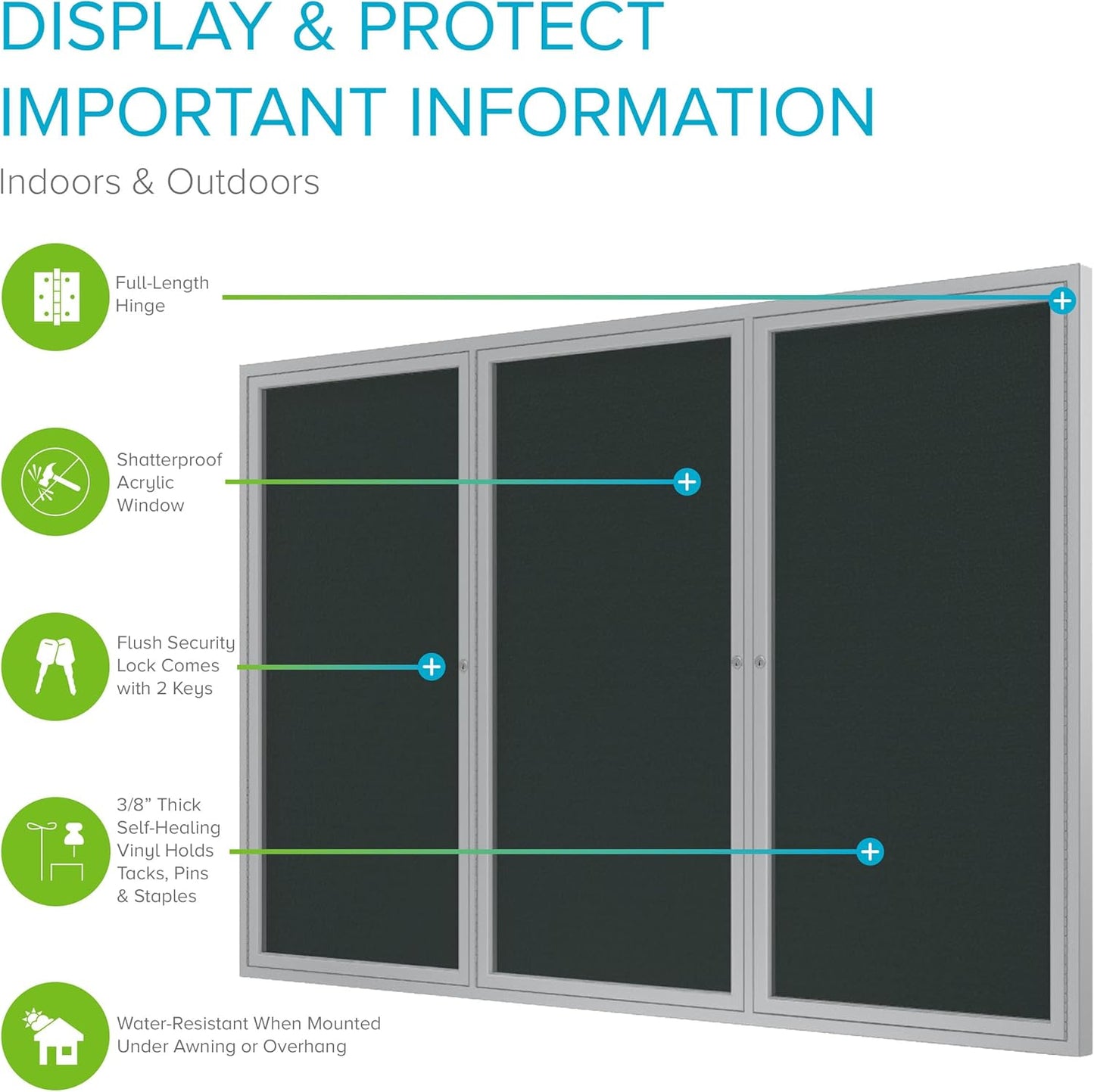 Ghent 36"x72" 3-Door Outdoor Enclosed Vinyl Bulletin Board, Shatter Resistant, with Lock, Satin Aluminum Frame - Ebony (PA33672VX-183), Made in the USA