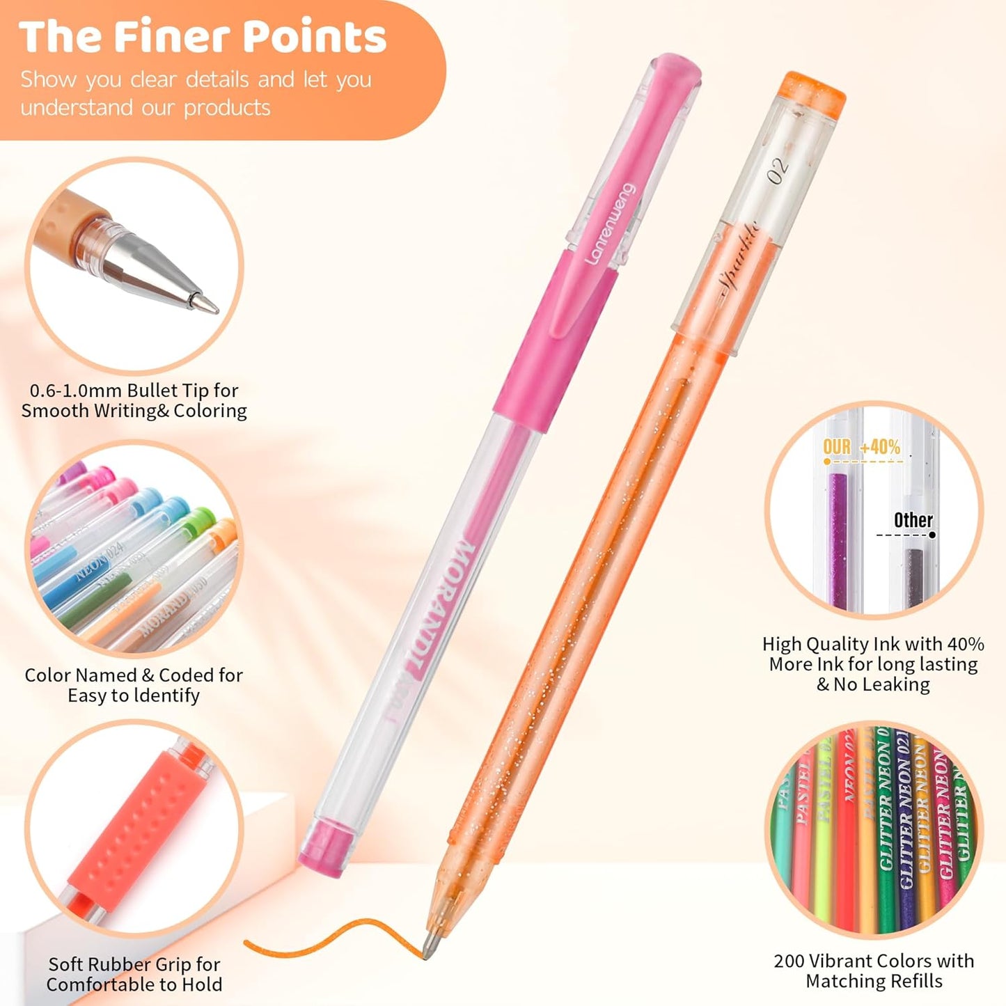 400 Pack Gel Pens for Adult Coloring Books, 200 Colored Gel Pen Include 200 Refills with 40% More Ink,Glitter Gel Pens Set for Coloring Books Drawing Journaling Scrapbook Art Supplies