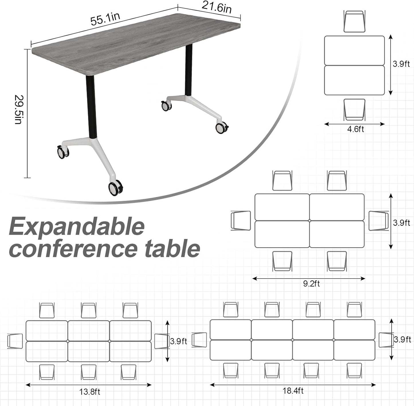 Folding Conference Table, Modern Large Conference Room Tables with Flip-Top Design, Foldable Conference Table Meeting Table with Wheels, Mobile Seminar Training Tables for Office Classroom (8, Oak)