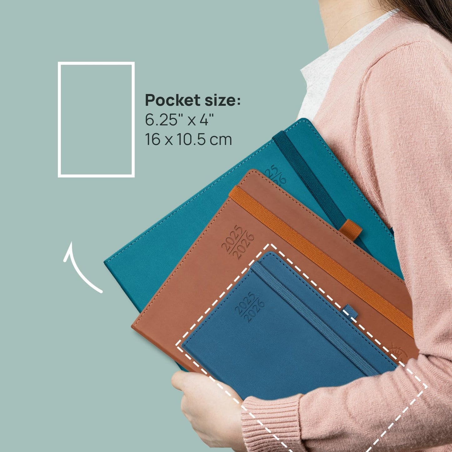 POPRUN Pocket Planner 2025-2026 (Purse Size 4'' x 6.25'') Academic Small Calendar (July 2025 - June 2026) with Hourly Time Slots, 100GSM Thick Papers, Leather Soft Cover - Brown