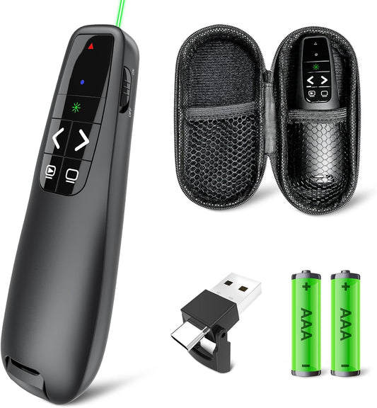 Clicker PowerPoint Presentation Wireless Presenter Remote, Green Laser Pointer for Computer Clickers, USB C A Project Power Point PPT Clicker for Mac Laptop Office, Slideshow Google Slide Advancer