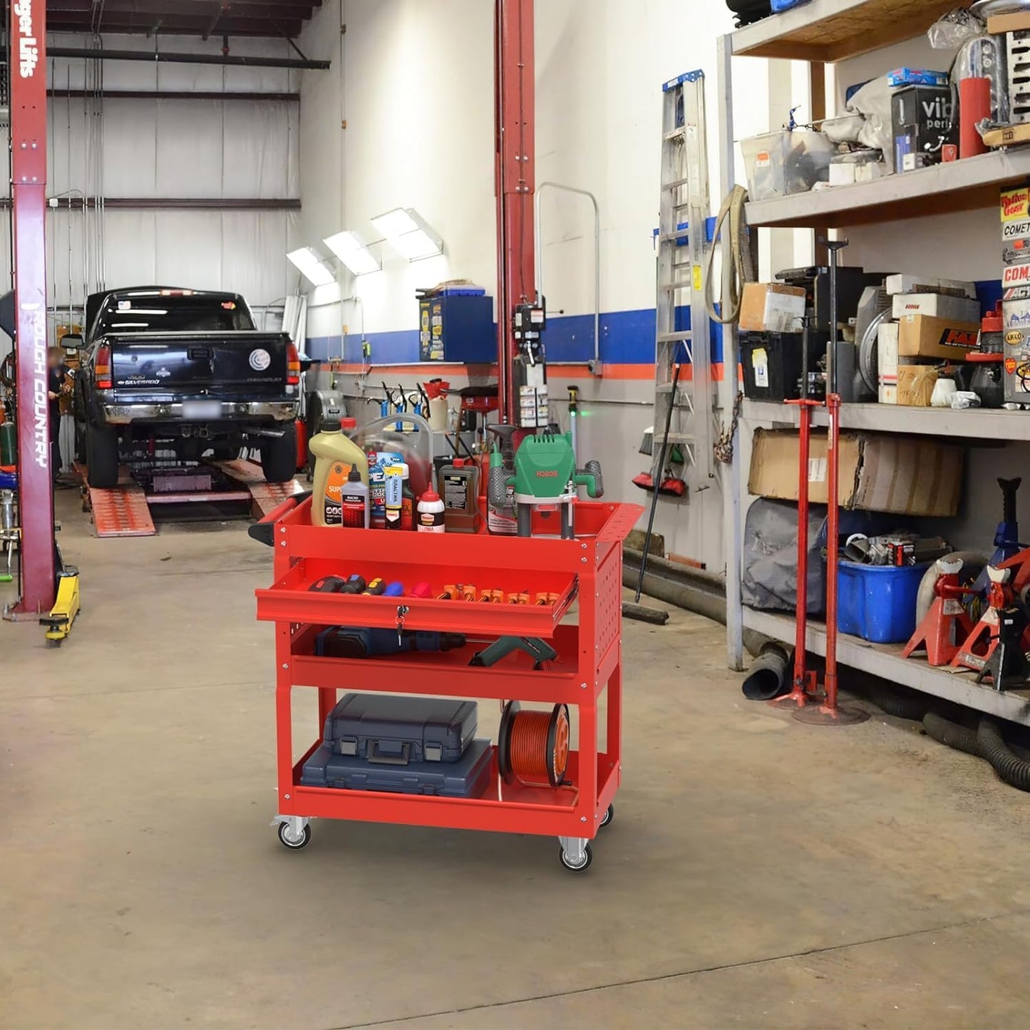 3 Tray Tool Cart with Drawers, 400 LBS Capacity Rolling Tool CartS on Wheels, Heavy Duty Utility Cart with Pegboard, Mechanic Tool Storage Cart for Garage, Warehouse and Repair Shop, Red