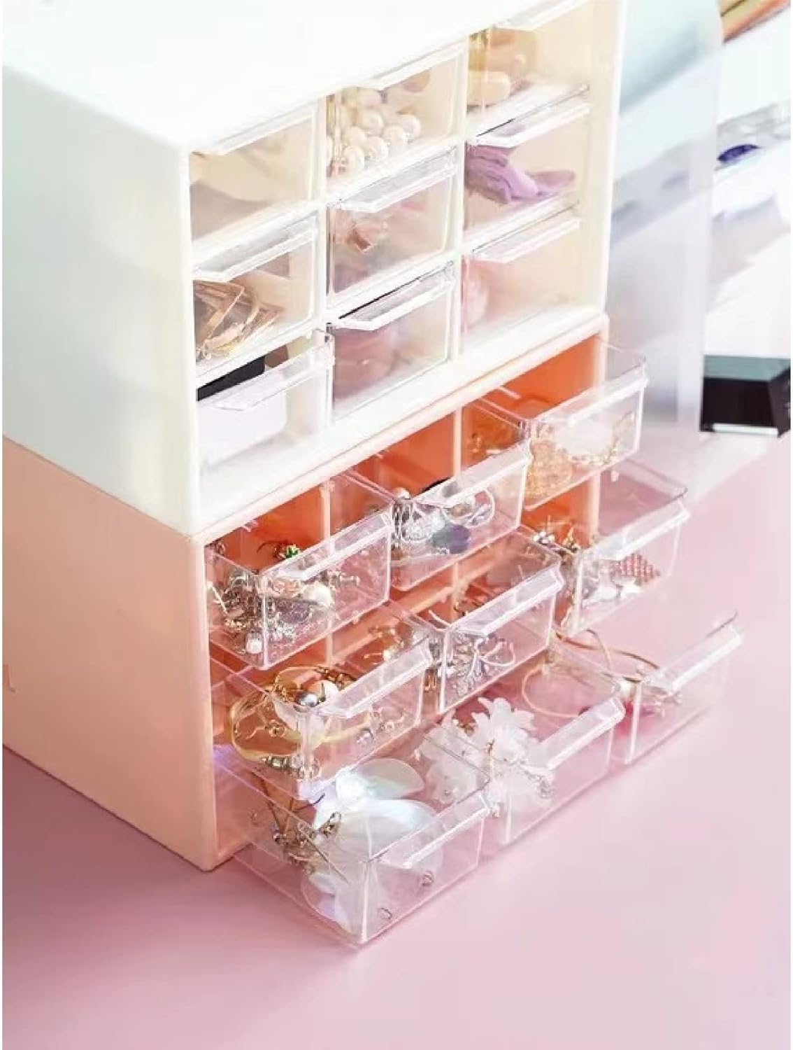 Feadily 4PCS Small Drawer Organizer for Desk, Desktop Drawer Organizer with 9 Clear Drawers, Plastic Desktop Storage Drawers 7.1 Inch x 3 .9 Inch x 4.7 Inch, Pink