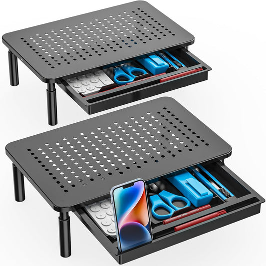 WALI Dual Monitor Stand with Storage, Desk Monitor Riser 3 Height Adjustable, Laptop Riser with Airflow Vents, Desk Organizer for Computer, Laptop, Printer, Notebook (STT003D-2B), 2 Pack, Black