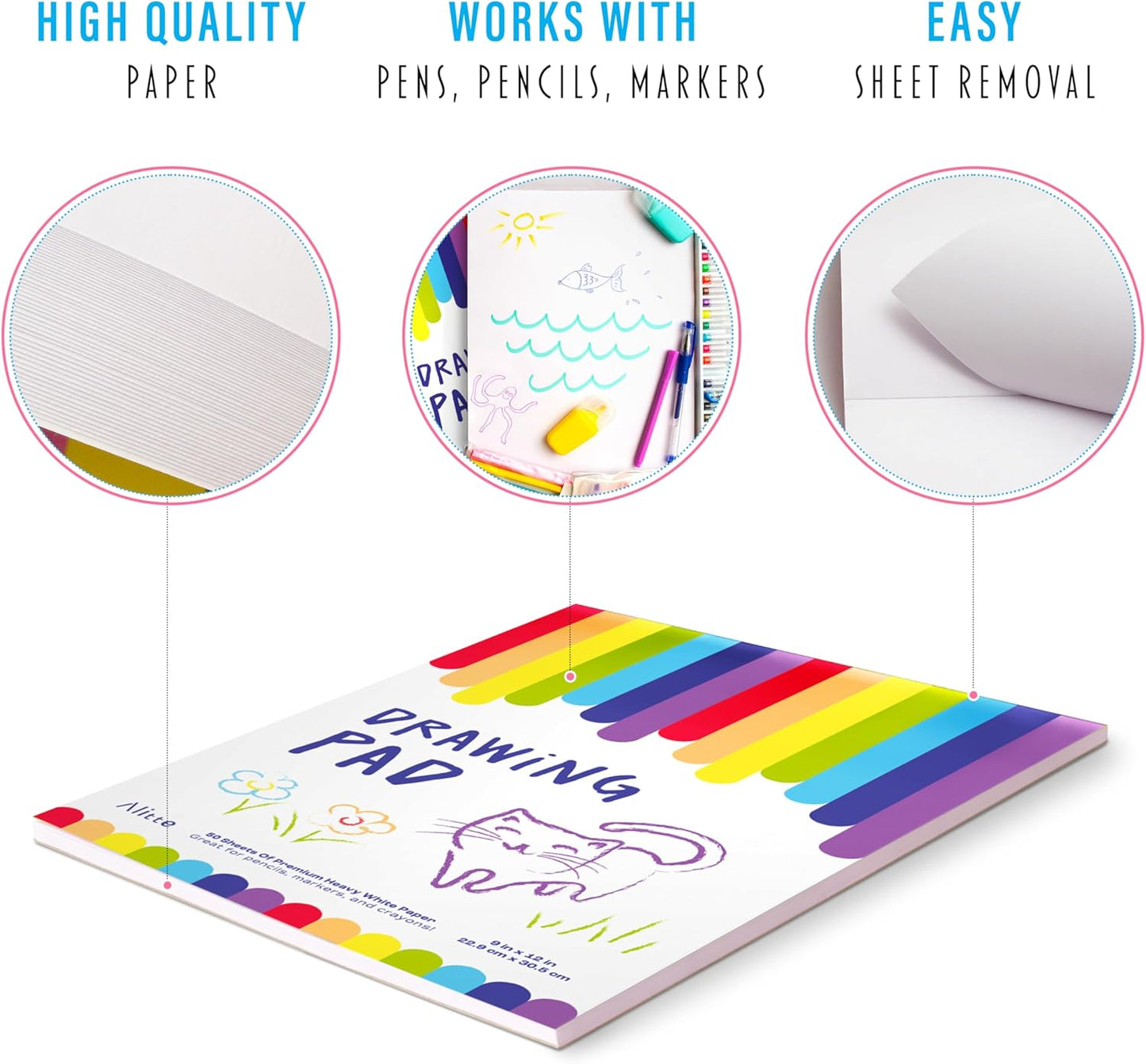 Alitte Drawing Pad for Kids - 6-Pack (9x12) Drawing Paper with Easy-Tear Pages - 50 Sheets - Kids Art Supplies | Sketch Pad for Drawing & Coloring - Suitable for Children and Toddlers