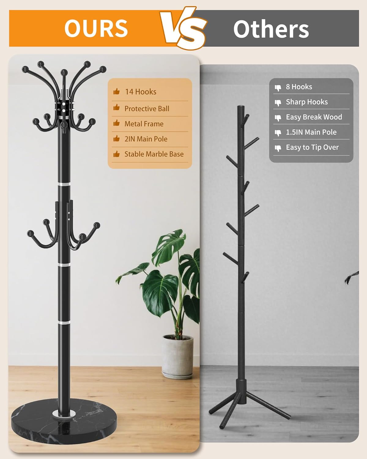 EZIVIEZ Modern Coat Rack Stand, 360° Rotary Metal Freestanding Coat Rack with Natural Marble Base, Black Coat Racks and Coat Hanger Tree Jacket Stand with 14 Hooks for Office, Entryway, Hallway