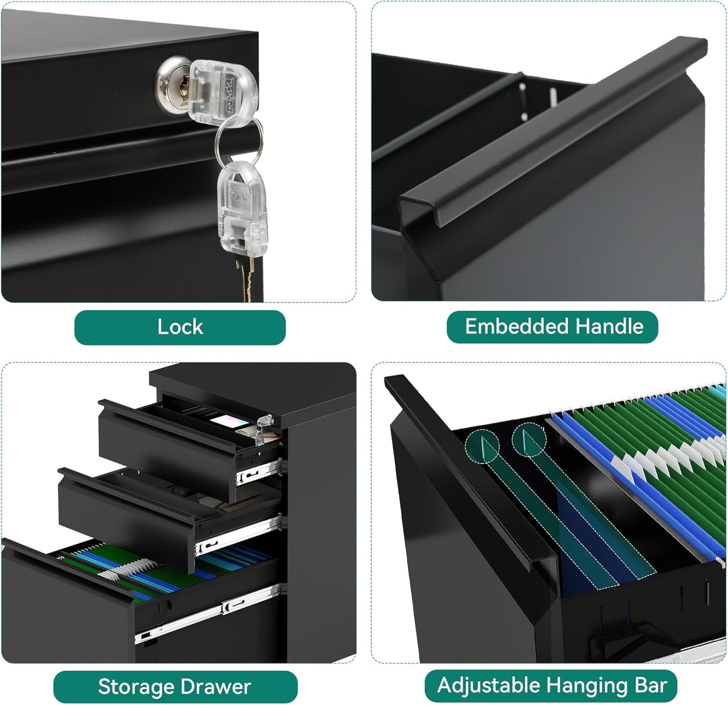 YITAHOME 3 Drawer File Cabinet with Lock, 20” Deep Office Vertical Files, Mobile Metal Filing Cabinet, Metal Vertical Filing Storage Cabinet for Letters/Legal/A4 Size，Black