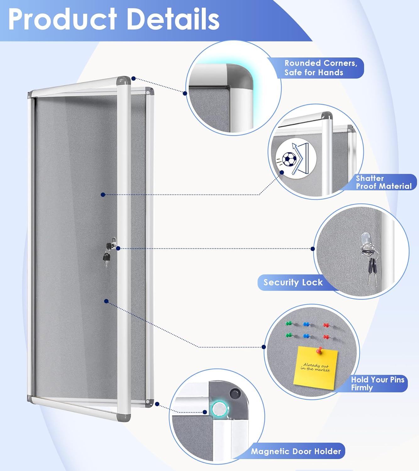 SWANCROWN Enclosed Noticeboard Grey Frabric Bulletin Boards Lockable Display Case Tamperproof with Keys Pins,38x14inch
