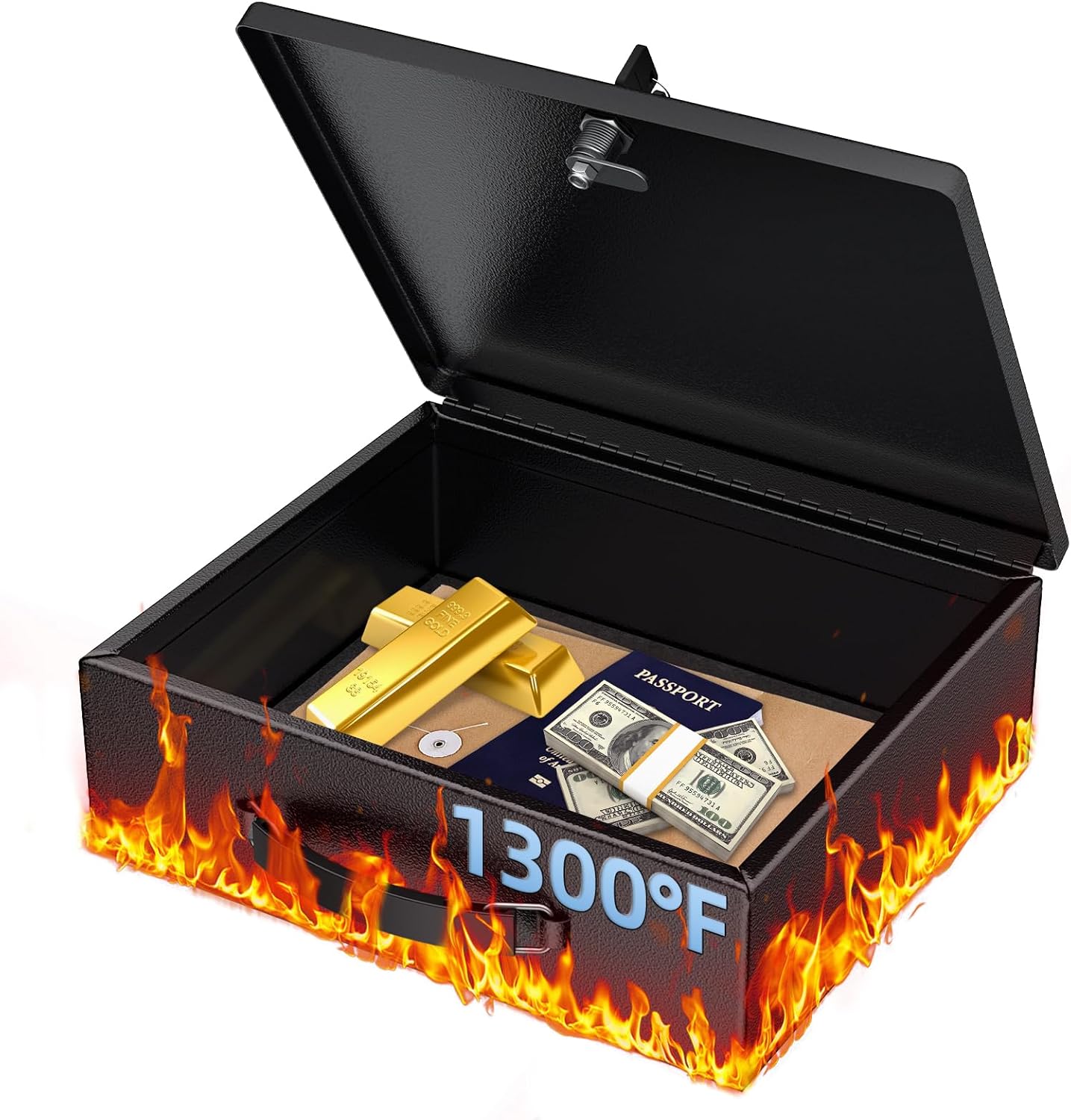 Uniclife Fireproof Document Box with Key Lock & Handle, 13" x 10.9" x 4.1", Large Lock Box for A4 Paper, Water-Resistant Safe Box for Valuables, Passports & Cash, Portable Security Metal Chest