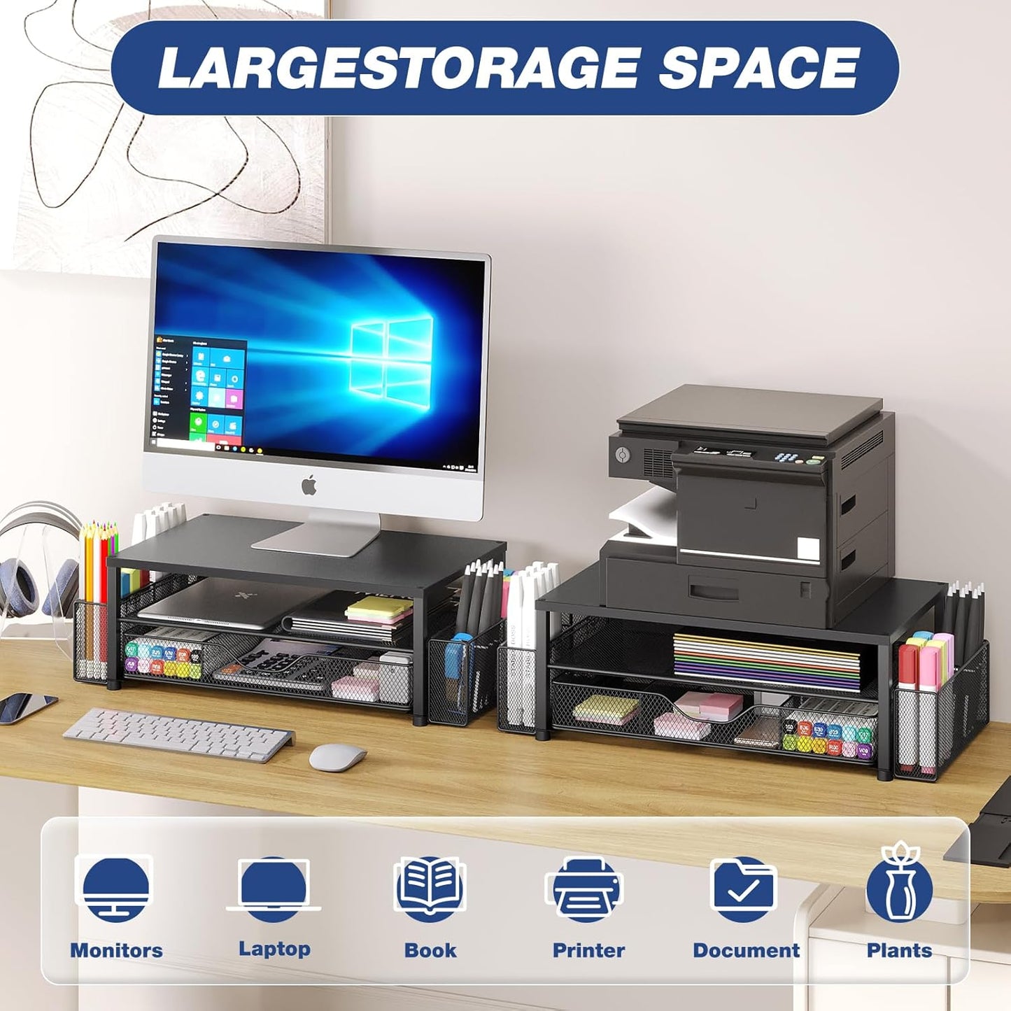 Desk Organizer and Accessories, 2-Tier Computer Monitor Stand Riser with Drawer and 2 Pen Holders, Laptop Stand, Office Desk Accessories for Office Supplies, Black