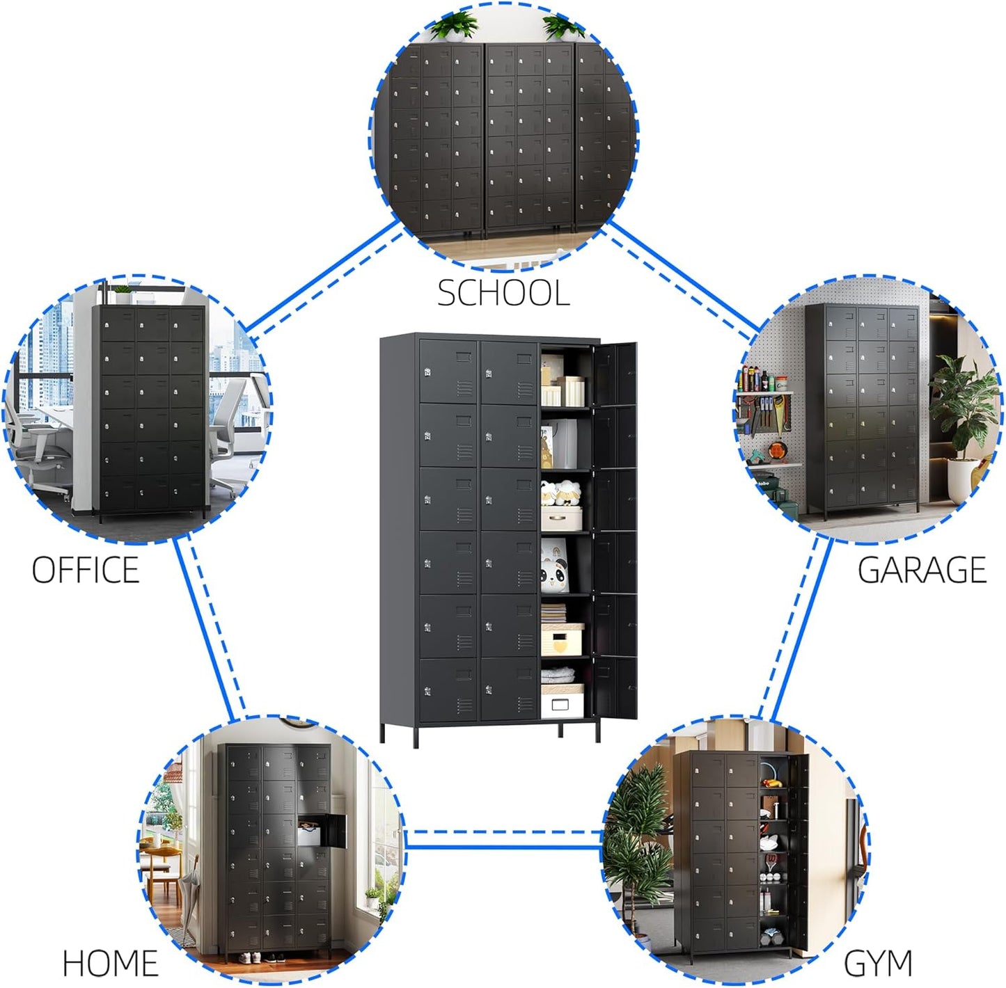 Metal Lockers for Employees with 18 Doors, Metal Locker with Lock for School Garage Office Gym Home,Assembly Required,Black