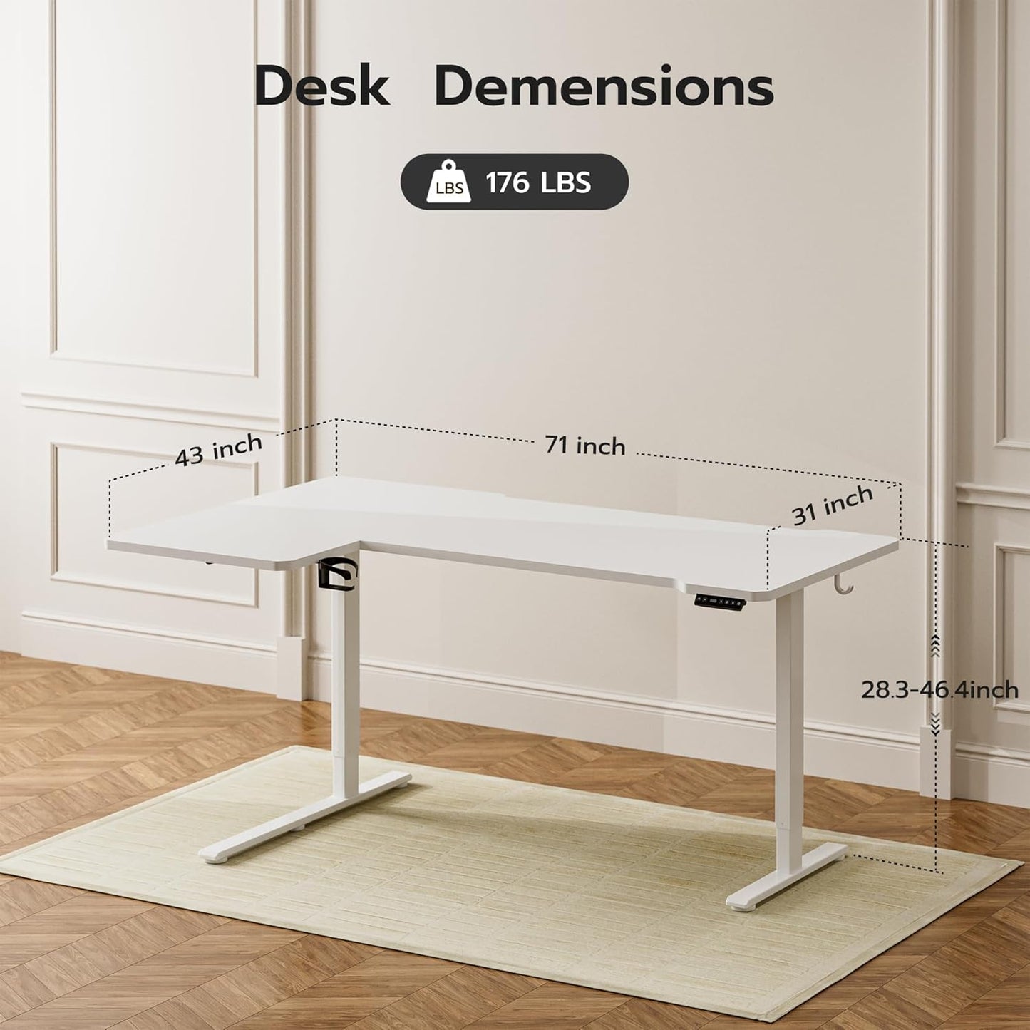 71" Reversible L-Shaped Electric Standing Desk Adjustable Height Gaming Stand Up Corner Desk Sit Stand Home Office Computer Desk with Splice Board, White