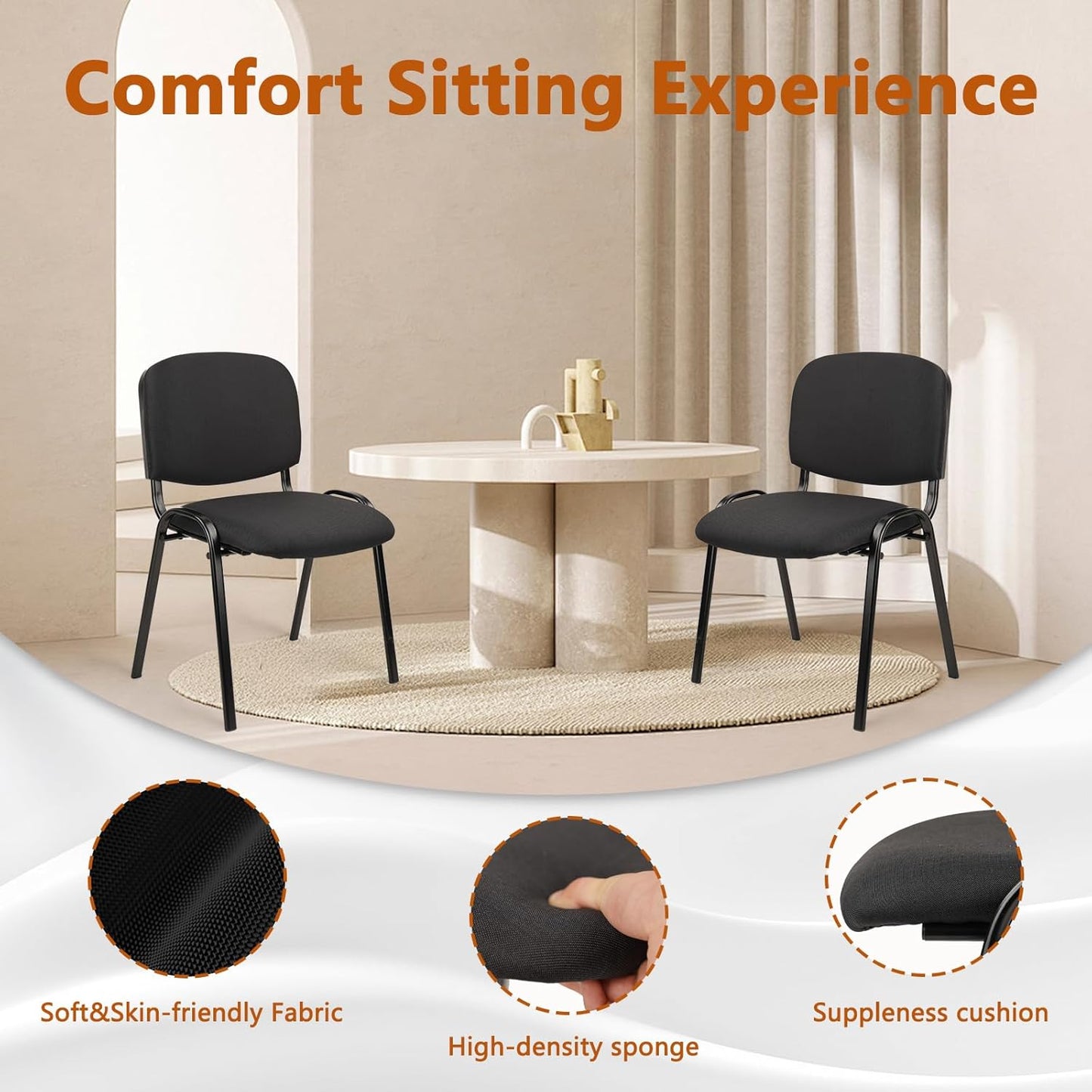 CLATINA Set of 5 Pack Stackable Waiting Room Chairs Fabric Black Reception Chair Metal with Thickened Seat Back Cushion for Waiting Conference Room Guest Stool (5 Pack)
