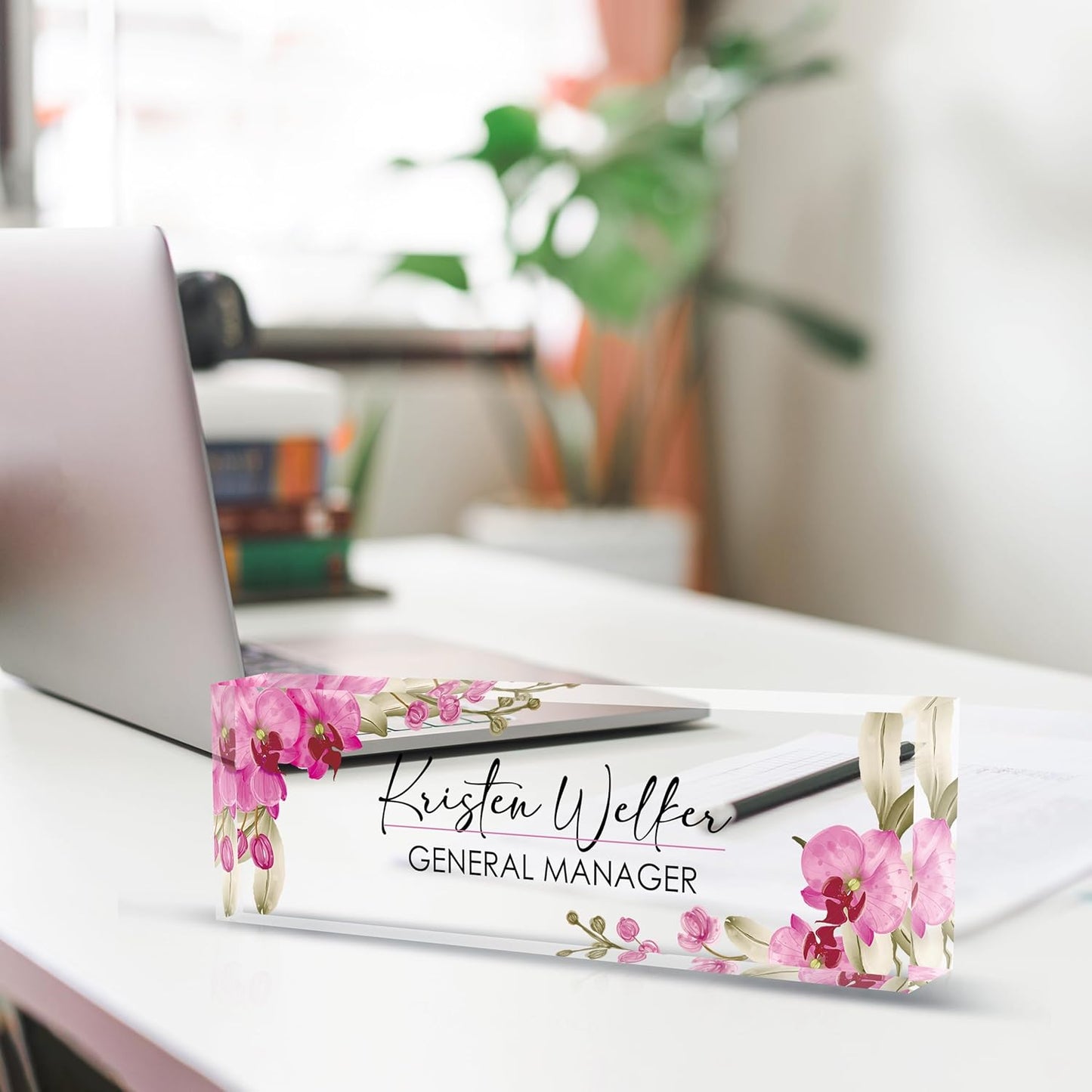 Personalized Name Plate for Desk, Custom Desk Name Plate, Acrylic Name Plate Office Desk Accessories, Personalized Office Gifts for Coworkers Teachers, Employee Appreciation Gifts (A-Butterfly Orchid)